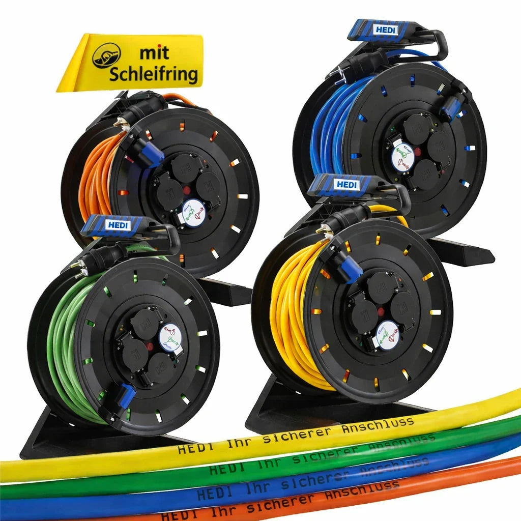 HEDI Vollkunststoff-Kabeltrommel Generation 7 Champion mit Schleifring | inkl. Kabelbedruckung | H07BQ-F